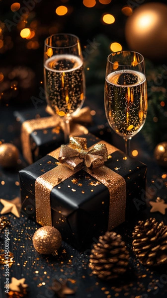Obraz Luxurious black and gold holiday gifts with two champagne glasses, festive lights, and pinecones, symbolizing celebration, elegance, and New Year cheer.
