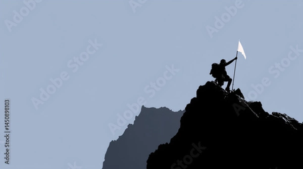 Fototapeta Achieving success: silhouette of hiker with flag on mountain peak, victory and accomplishment, view.