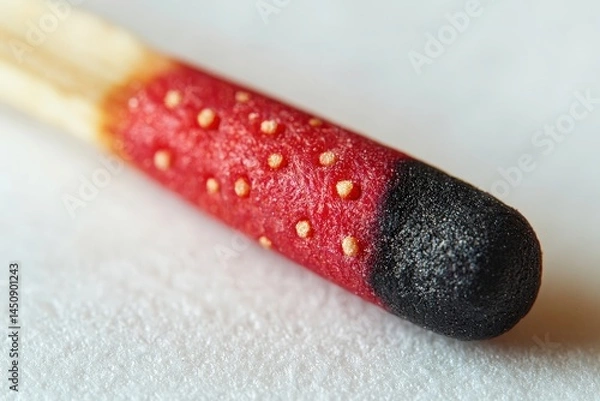 Fototapeta Closeup of burnt matchstick tip with textured surface and red phosphorus head
