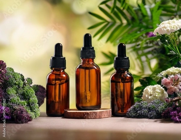 Obraz three amber glass dropper bottles surrounded by flowers and greenery