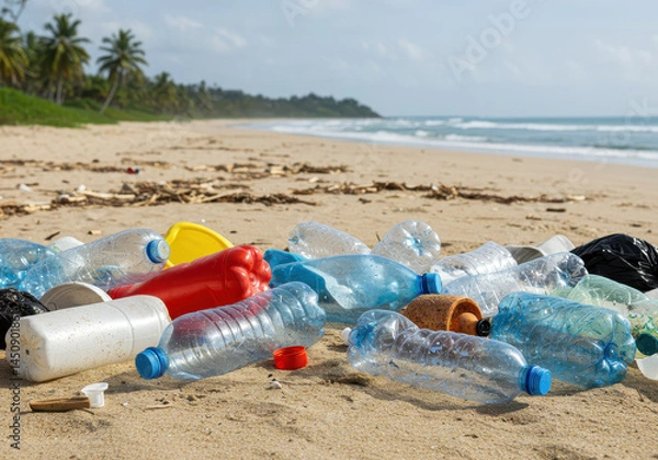 Obraz Plastic debris on a sandy beach. Environmental pollution and global waste problem concept for climate change and earth day awareness.