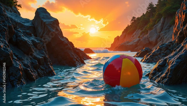 Obraz A colorful beach ball floats on gentle waves between rocky cliffs as the sun sets in the distance.