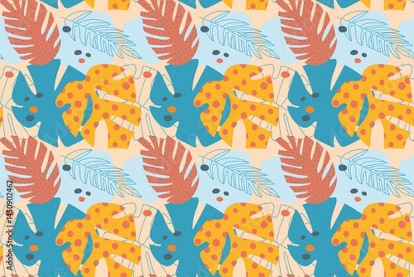 Fototapeta A bright pattern with tropical leaves on two backgrounds, yellow and transporant. Pink, blue, dark green pastel colors. For textiles, flyers, postcards.