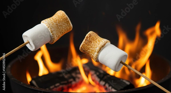 Obraz Four marshmallow on stick roasting over flame. Bonfire sweet treat for camping campfire. Toasted gooey candy dessert snack for summer outdoor activity.
