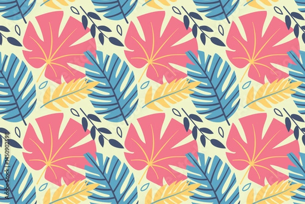 Fototapeta A vivid pattern with terxtured tropical leaves on two backgrounds, yellow and transporant. Pink, blue, dark green pastel colors. For textiles, flyers, postcards, wrapping