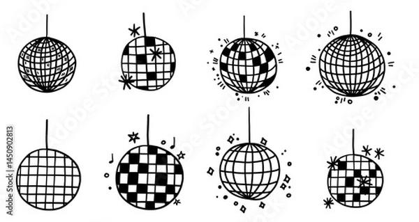 Obraz Hand drawn disco ball icon doodle in trendy style vector doodle icon mirror glittering with stars. Ideal for wedding, graduation party design templates