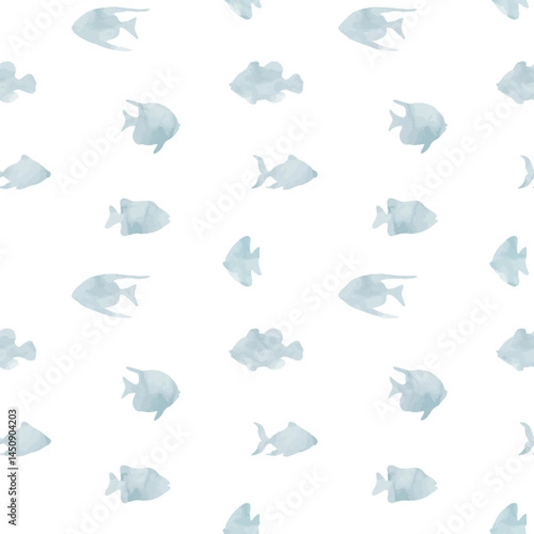 Fototapeta Seamless Pattern with fish silhouettes in soft watercolor shades. Drawing of school for marine design, wrapping paper or textile design. Ornament with nautical animals for wallpaper or fabric.