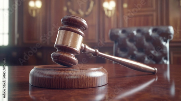 Obraz Justice in Action: 3D Judge Gavel on Court Table


