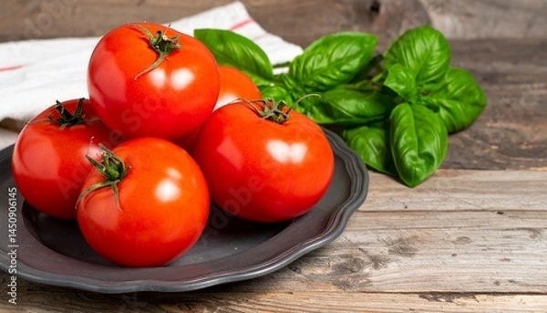 Fototapeta Juicy Red Tomatoes on Rustic Wooden Background