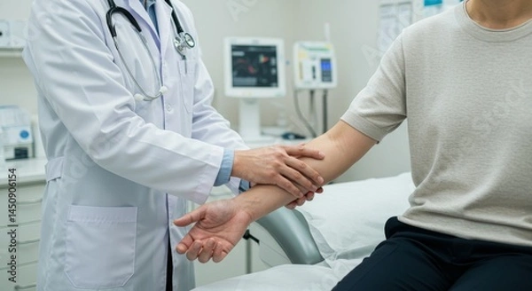 Fototapeta Doctor Holding A Patient Hand Checking Health In Hospital. Doctor prescribing medicine to patient in the
