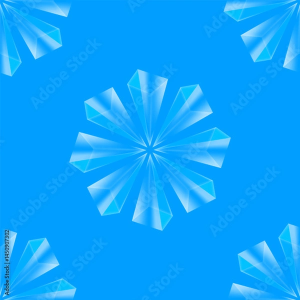 Obraz Vector crystal diamond seamless pattern on blue background. Glass transparent prism backdrop. Mineral random triangle pyramid set.