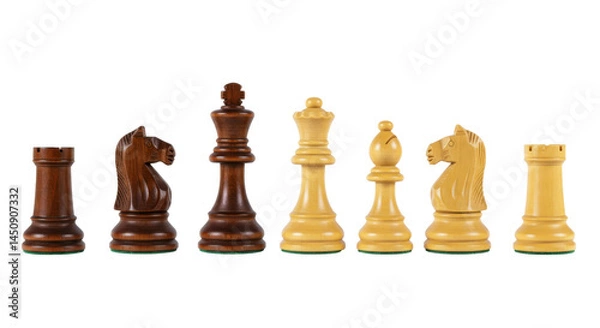 Fototapeta Full set of dark and light wooden chess pieces, isolated on transparent background, PNG 
