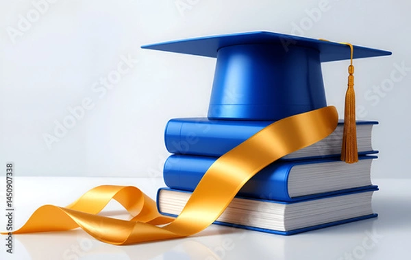 Obraz Graduation Cap with Long Golden Ribbon on Blue Books – Academic Success, Learning Journey, Knowledge Growth, and Education Concept on Isolated White Background

