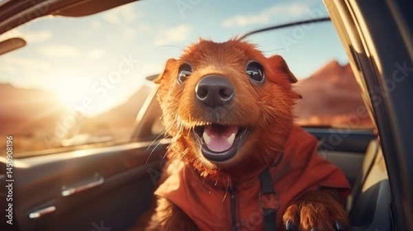 Obraz A close-up of a happy golden retriever mongrel puppy riding in a car