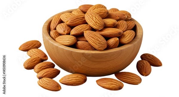 Fototapeta Almonds In Wooden Bowl isolated on transparent background, PNG 