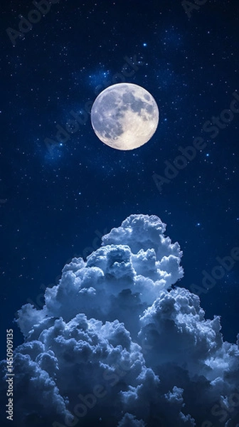 Fototapeta Full moon, dramatic clouds, night sky.  Vast, star-studded night sky, with a large, full moon and fluffy, billowing clouds