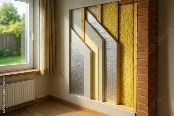Fototapeta Cross-section of advanced wall insulation showing multiple protective layers including foam, foil, and fiberglass for enhanced thermal efficiency in modern home interiors