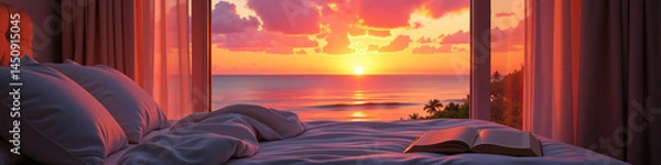 Obraz A cozy bedroom with soft pillows and an open book, featuring a breathtaking sunrise over the ocean, visible through large windows.