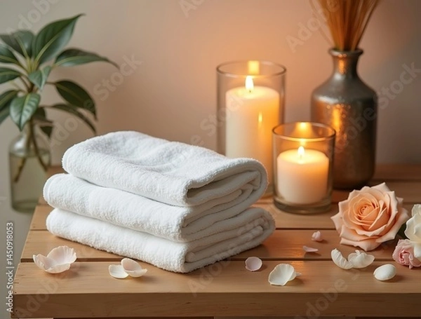 Fototapeta Soft cotton towel mockup neatly folded on a wooden spa bench, surrounded by candles and flowers, top view, cozy wellness branding concept.