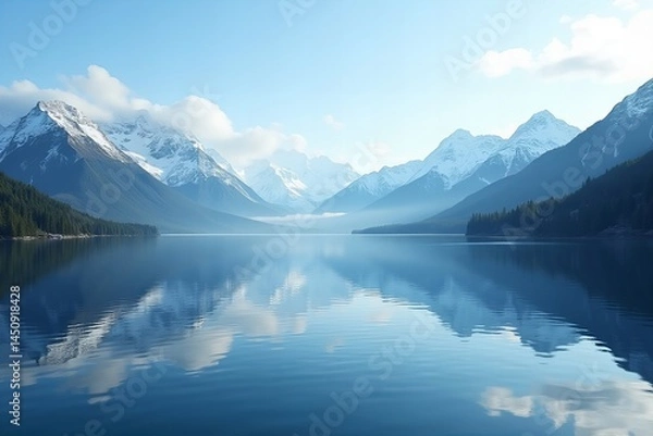 Fototapeta AI-generated serene image of a calm lake and snowy mountain peaks
