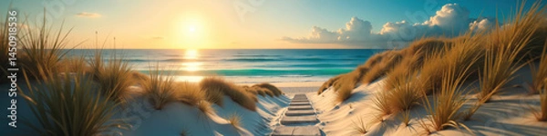 Obraz A serene beach pathway through sand dunes leads to the ocean at sunset, with golden light reflecting on the water.
