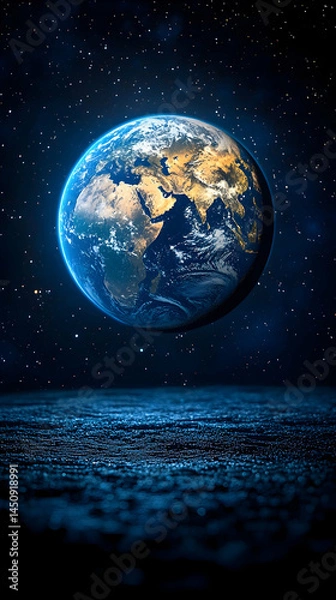 Fototapeta Earth in the vastness of space, viewed from outer space, with a detailed depiction of continents and oceans