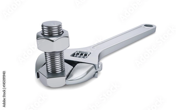 Fototapeta adjustable wrench and bolt on white background. 3d rendering