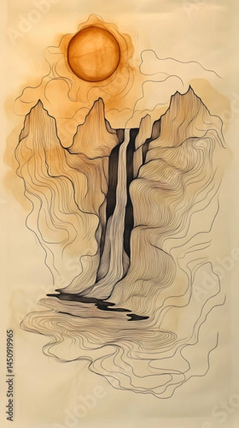 Fototapeta Waterfall cascading down rocky mountains under a warm sun, hazy atmospheric effect