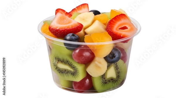 Fototapeta A clear plastic cup filled with assorted cut fresh fruit pieces inside isolated on transparent background	