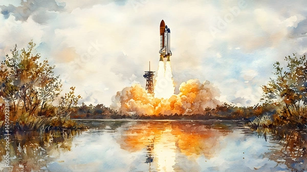Fototapeta Space shuttle launch reflected in calm water trees lining the shore  Sunset hues color the sky and smoke