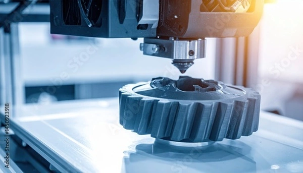 Fototapeta Close-up of industrial 3d printer creating gear with precision