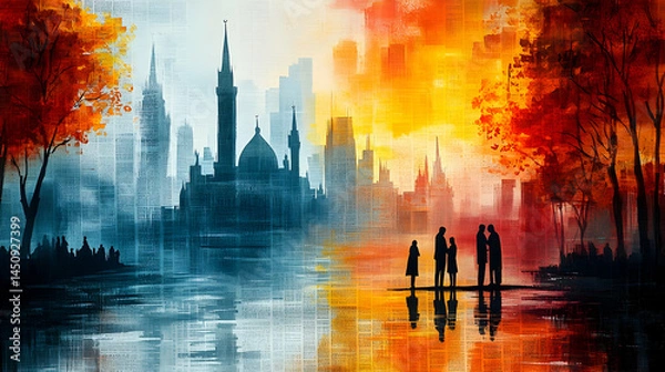 Fototapeta Autumnal cityscape reflected in a wet, colorful river.  Silhouetted buildings and trees, figures in the foreground