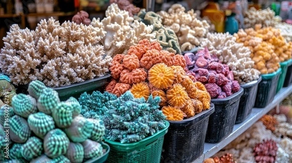 Fototapeta Vibrant Collection of Assorted Corals in Baskets at a Market Stall