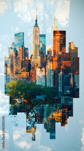 Fototapeta A vibrant collage of New York City skyscrapers, parks, and landmarks,  floating amidst a soft sky