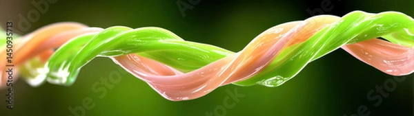 Fototapeta A vibrant tangle of green, pink, and orange plastic twisty ribbons is captured in sharp detail with macro photography, their glossy surfaces catching the light 