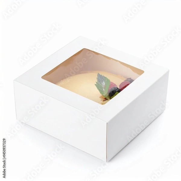 Fototapeta Vanilla cake in white packaging with berries and mint on top