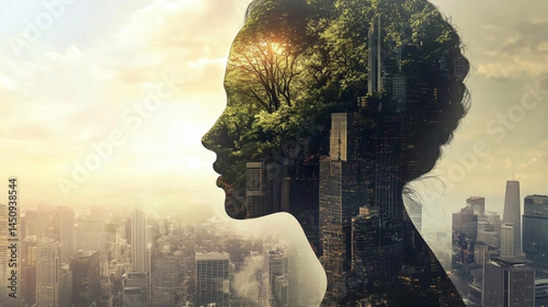 Obraz creative double exposure effect silhouette of a person's profile is blended with green forest and a cityscape of towering buildings