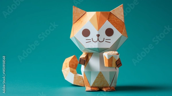 Obraz papercraft of cat holding glass on green 