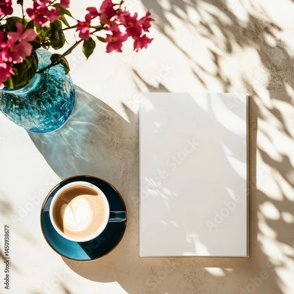 Fototapeta Sunny Flat Lay with Coffee Flowers and Book