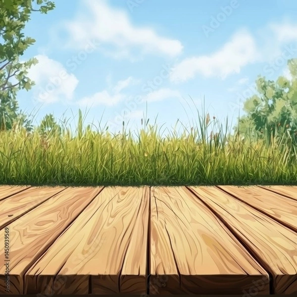 Fototapeta Sunny Spring Meadow with Wooden Deck and Blue Sky