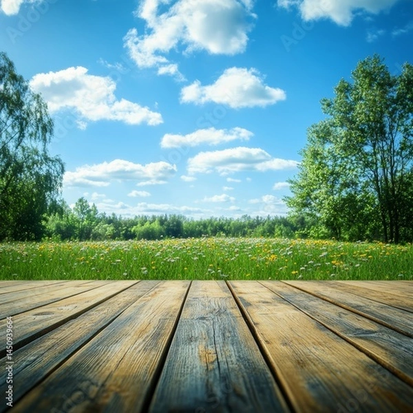 Fototapeta Sunny Spring Meadow with Wooden Deck and Blue Sky