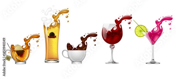 Fototapeta Set of transparent glasses and cups with colorful splashes of various drinks isolated on white. Vector illustration in 3d style