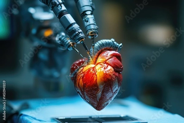 Fototapeta Robotic surgery on a human heart, precision instruments performing a delicate operation.