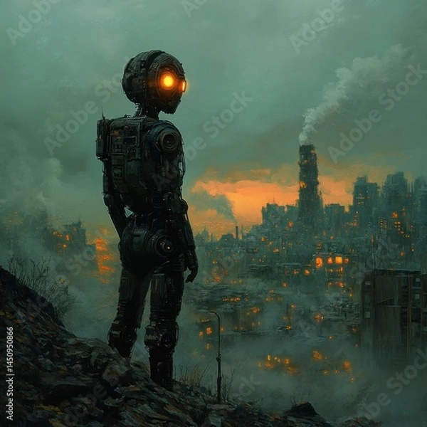Fototapeta A human with a robotic head, standing on a hill overlooking a devastated world, their glowing eyes reflecting despair