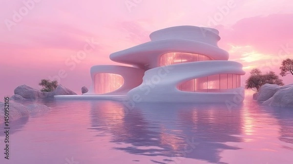 Obraz Futuristic Architecture in a Serene Pink Sunset Landscape