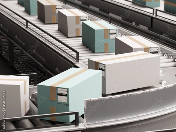 Obraz Cardboard parcels move along automated conveyor belts in a high-tech logistics warehouse, part of a modern packaging and distribution system. – Logistics, Automation, Packaging. 3d image