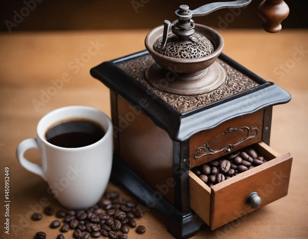 Obraz An old coffee grinder, a cup of coffee, coffee beans.