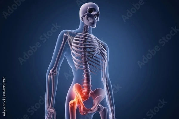 Fototapeta Skeleton showing hip joint pain on blue background