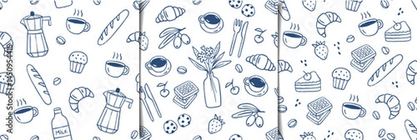 Fototapeta Seamless hand drawn patterns set breakfast food. Sketch style, coffee, croissant. Italian style