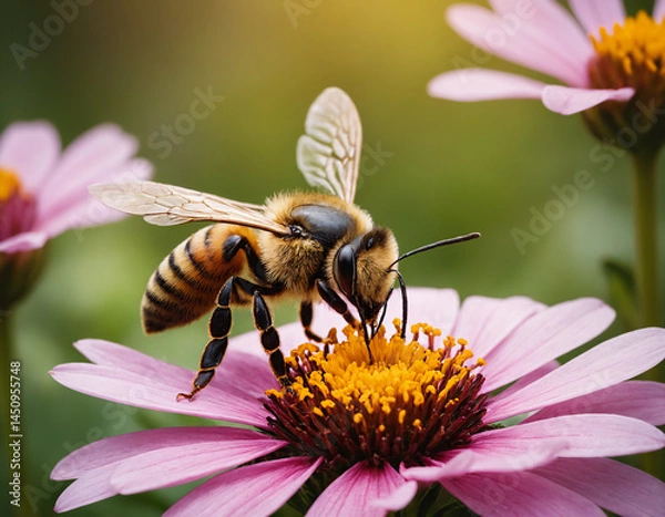 Obraz The bee sits on the flower, collects nectar.